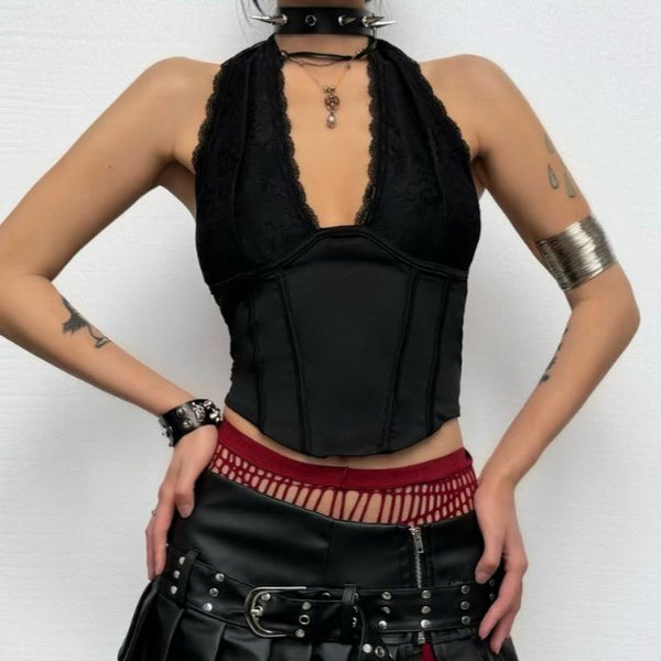 Halter self tie lace hem deep V neck corset top