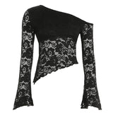 Haut uni asymétrique à manches longues et dentelle 