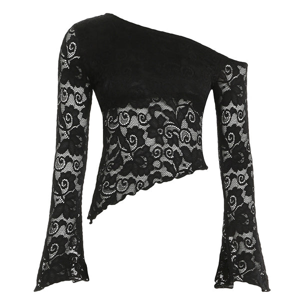 Haut uni asymétrique à manches longues et dentelle 