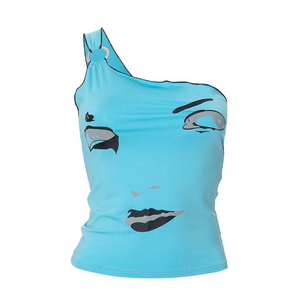 Haut asymétrique à motif de personnage avec anneau en O irrégulier 