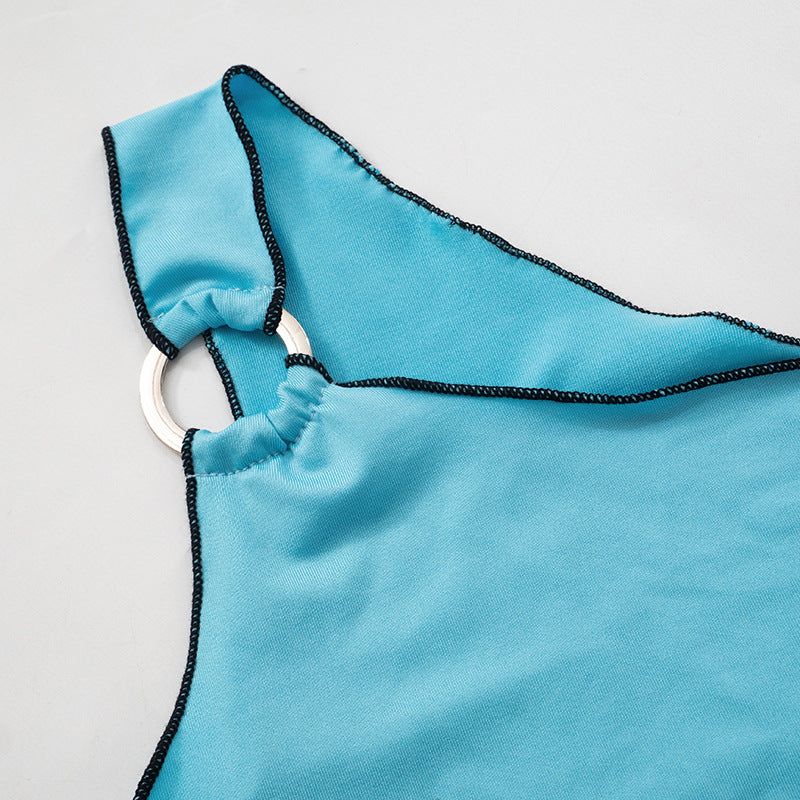 Irregular o ring one shoulder character pattern top