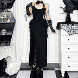 Robe longue camisole dos nu froncée à col en V et fente en dentelle 