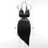 Halter self tie irregular deep V neck mini dress