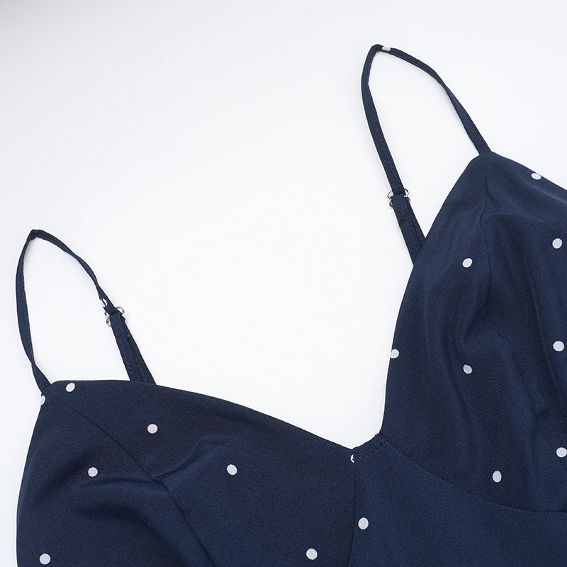 Robe midi à pois, col en V, smockée et contrastée 