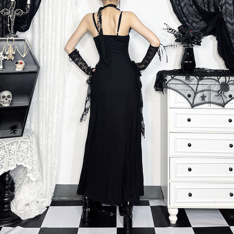 Robe longue camisole dos nu froncée à col en V et fente en dentelle 