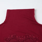 Long sleeve high neck button lace hem mesh bodysuit
