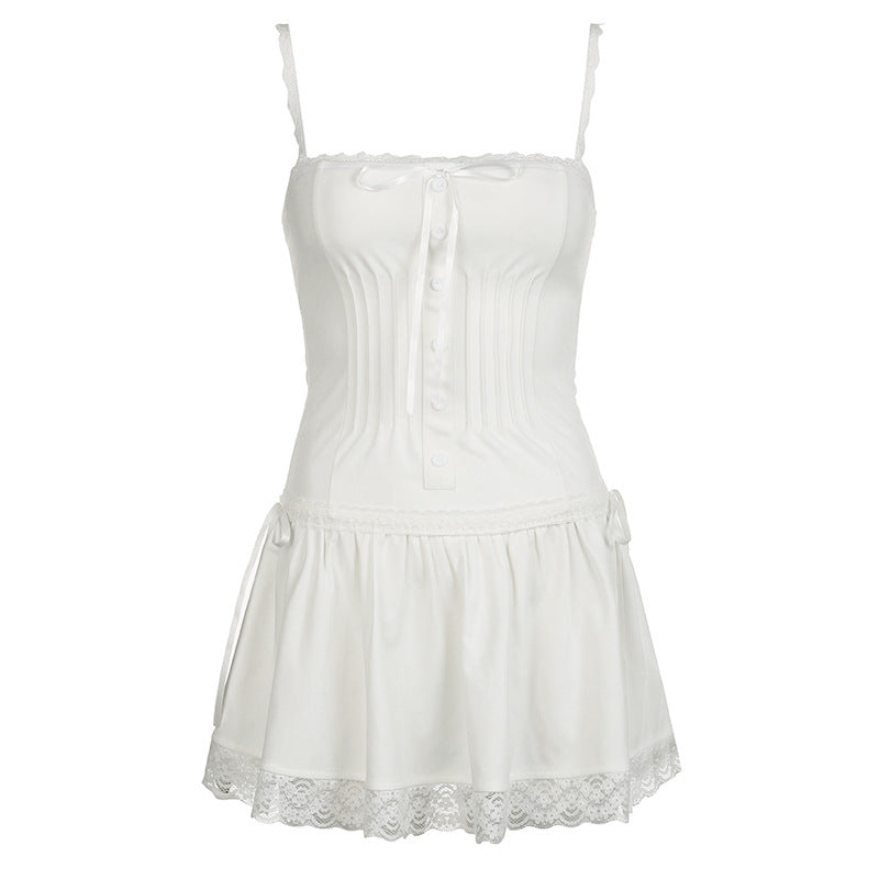 Mini-robe camisole zippée à col carré et ourlet en dentelle 