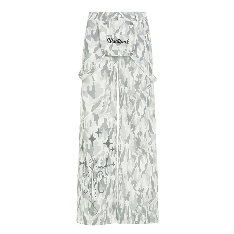 Button zip-up camouflage pocket straight leg pant