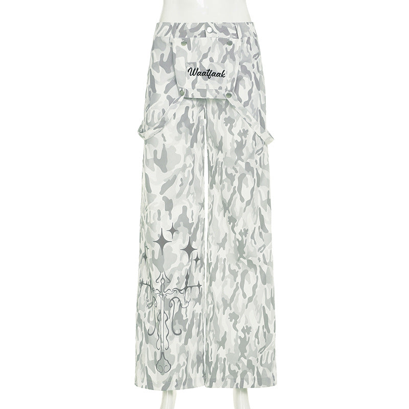 Button zip-up camouflage pocket straight leg pant