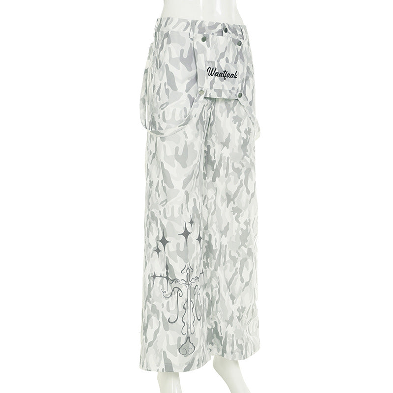 Button zip-up camouflage pocket straight leg pant
