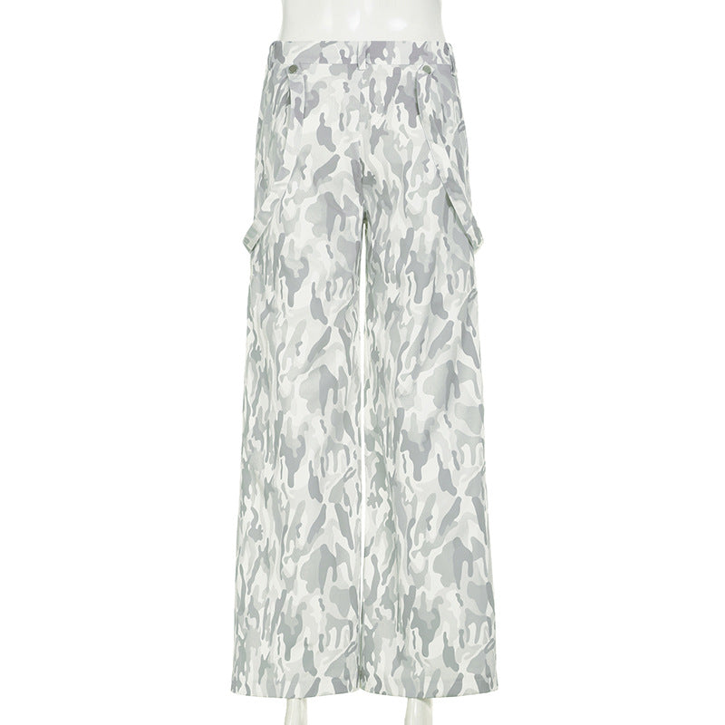 Button zip-up camouflage pocket straight leg pant
