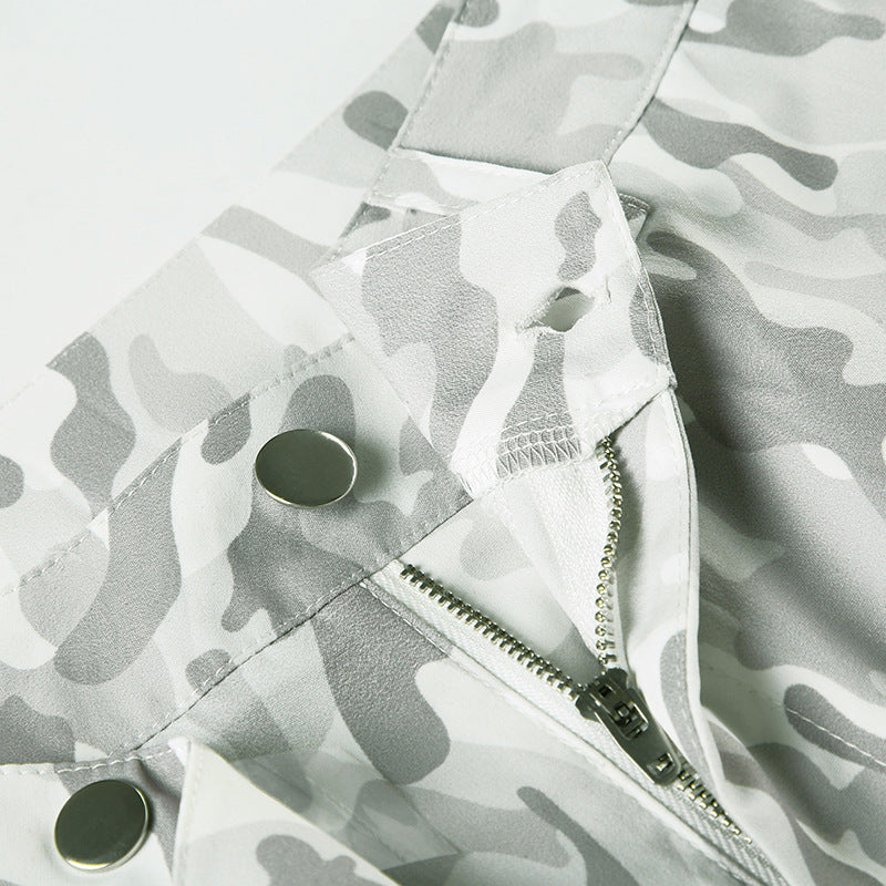 Button zip-up camouflage pocket straight leg pant