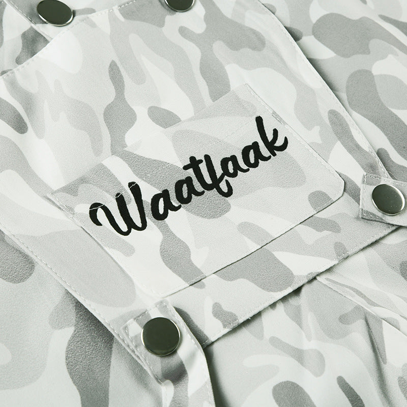 Button zip-up camouflage pocket straight leg pant