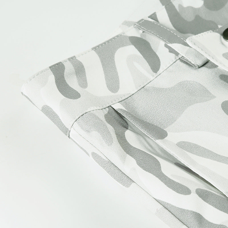 Button zip-up camouflage pocket straight leg pant