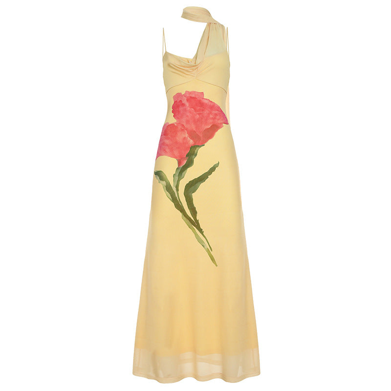 Robe longue à motif floral et dos nu en maille irrégulière 