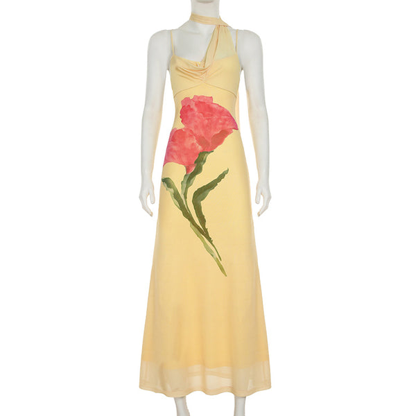 Robe longue à motif floral et dos nu en maille irrégulière 