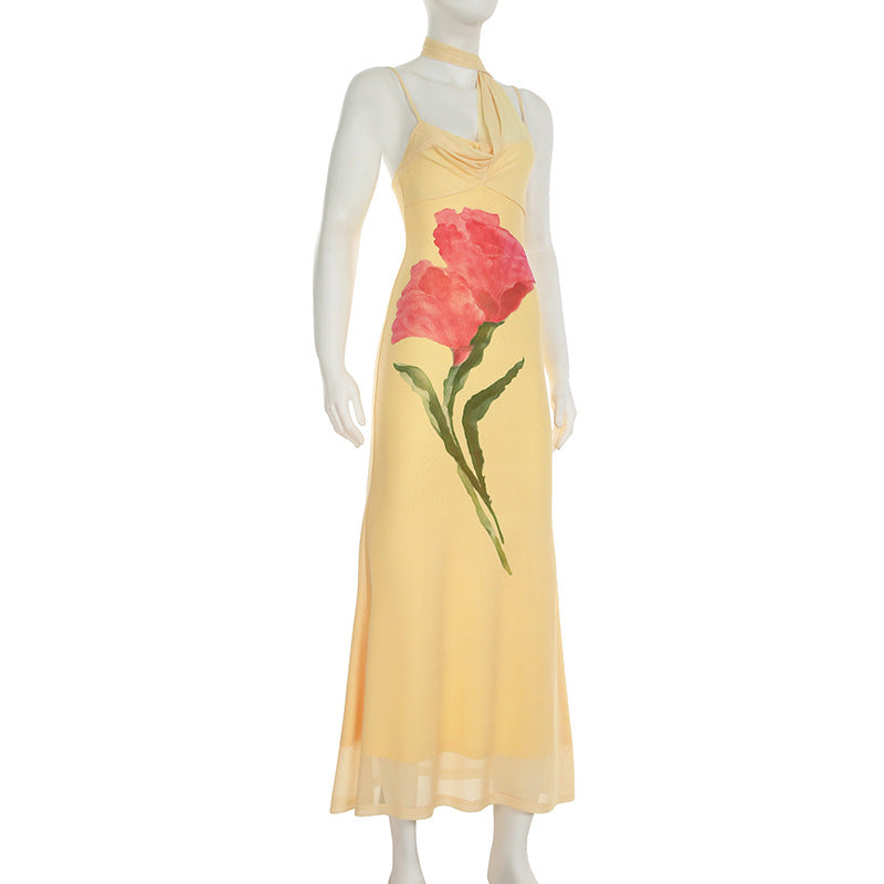 Robe longue à motif floral et dos nu en maille irrégulière 