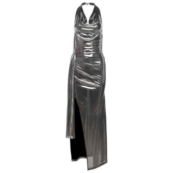 Halter cowl neck slit button metallic maxi dress