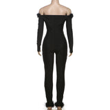 Long sleeve off shoulder feather hollow out jumpsuit
