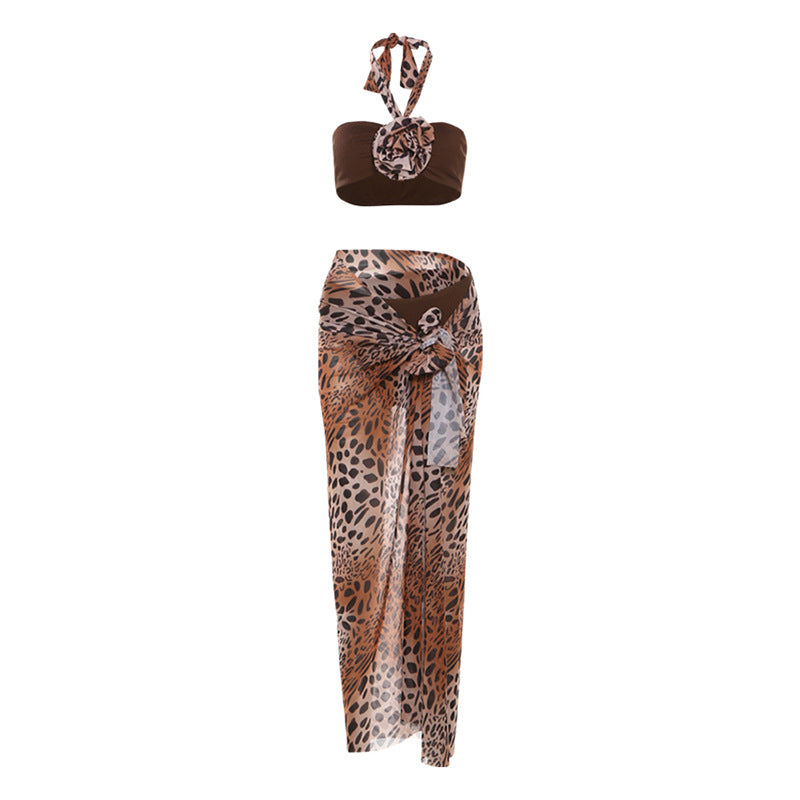 Conjunto de falda larga de 3 piezas con estampado de leopardo, de malla con lazo y cuello halter 