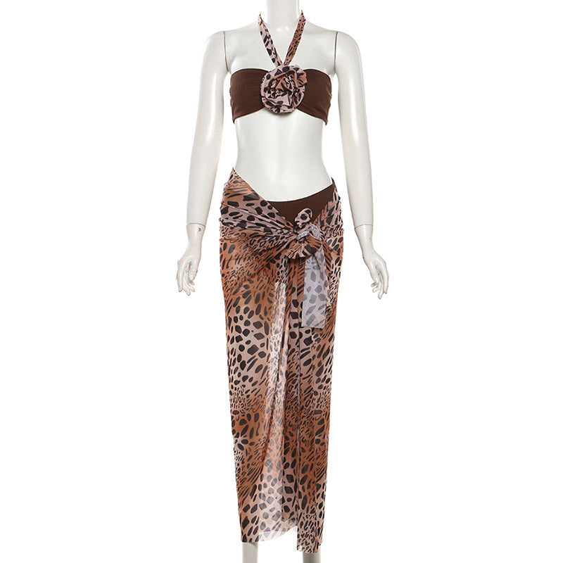 Conjunto de falda larga de 3 piezas con estampado de leopardo, de malla con lazo y cuello halter 