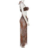 Conjunto de falda larga de 3 piezas con estampado de leopardo, de malla con lazo y cuello halter 