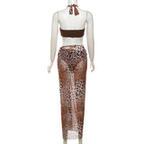 Conjunto de falda larga de 3 piezas con estampado de leopardo, de malla con lazo y cuello halter 