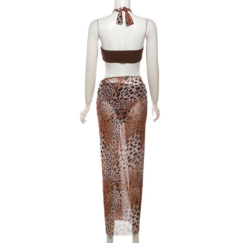 Conjunto de falda larga de 3 piezas con estampado de leopardo, de malla con lazo y cuello halter 