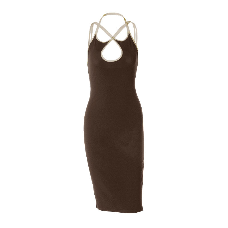 Robe midi dos nu à licou croisé sur le devant 