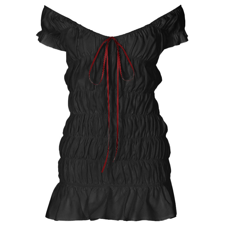 Mini-robe à col en V et épaules dénudées avec ruban froncé 