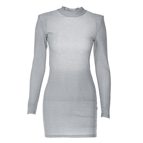 Mini-robe rembourrée à manches longues et col ras du cou ornée de perles 