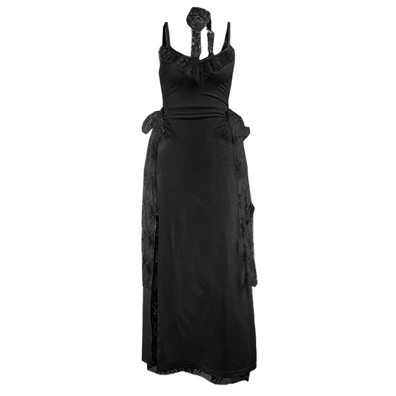 Robe longue camisole dos nu froncée à col en V et fente en dentelle 