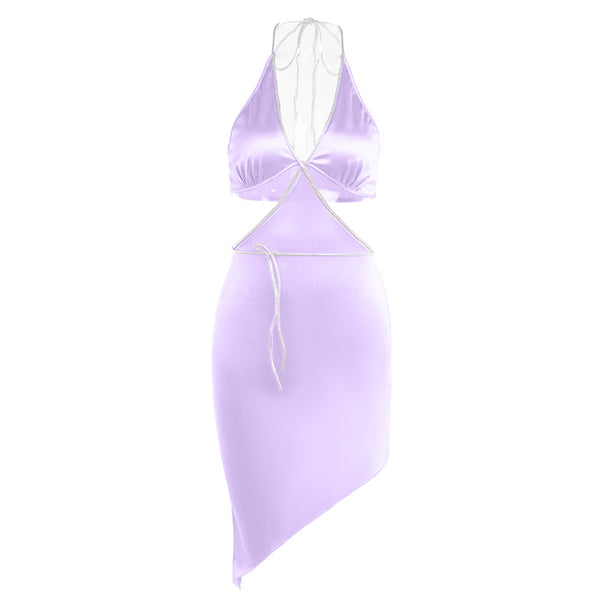 Halter self tie irregular deep V neck mini dress