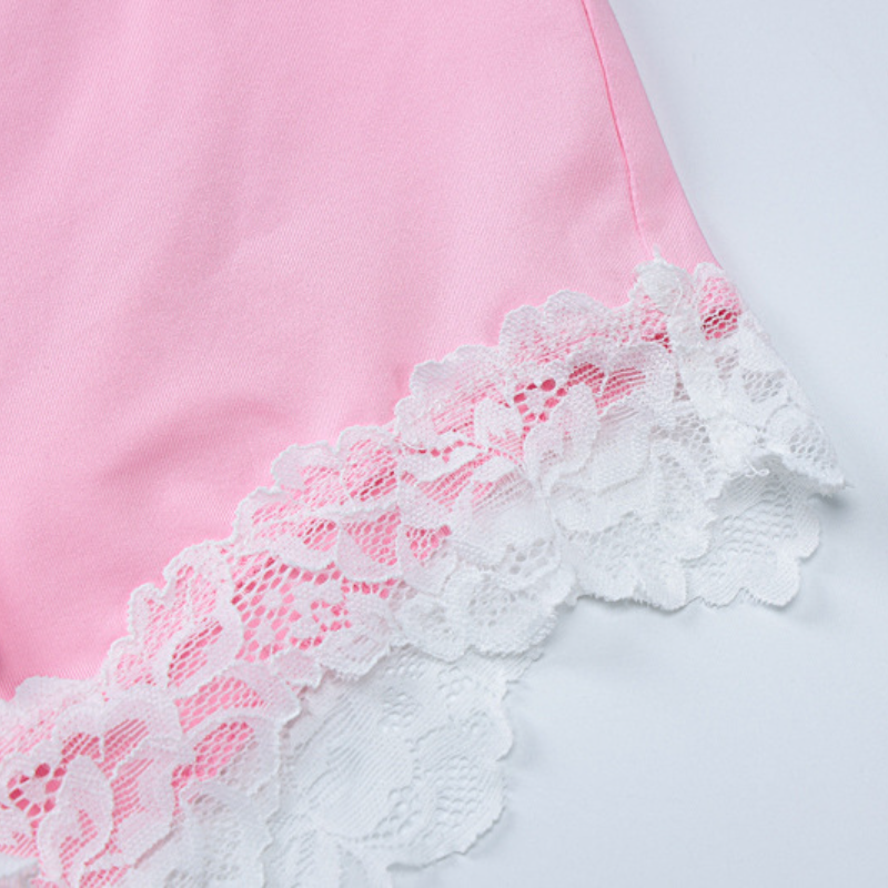 Conjunto de pantalón con cuello en U, dobladillo de encaje con lazo y fruncido 
