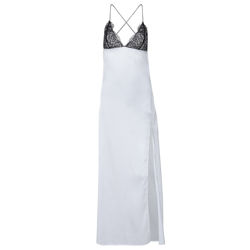 Robe longue fendue à bretelles spaghetti et col en V à dos croisé 