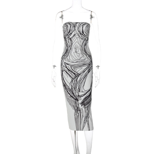Vestido midi de tubo sin espalda y con estampado en contraste 