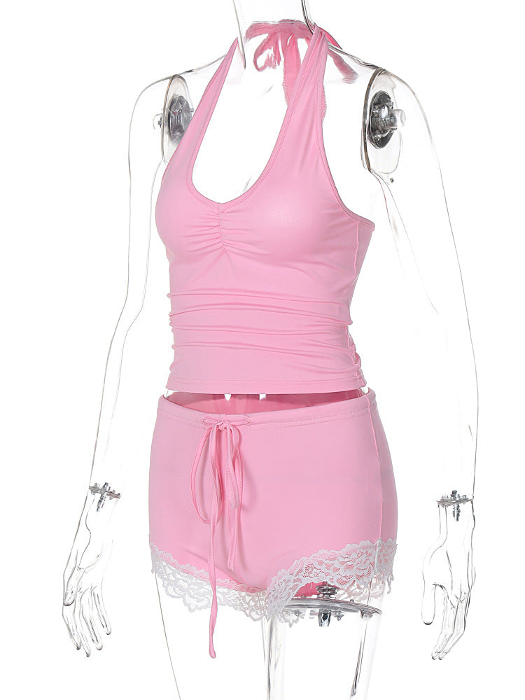 Conjunto de pantalón con cuello en U, dobladillo de encaje con lazo y fruncido 