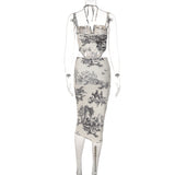 Conjunto de falda midi de tirantes fruncida con estampado halter y lazo 
