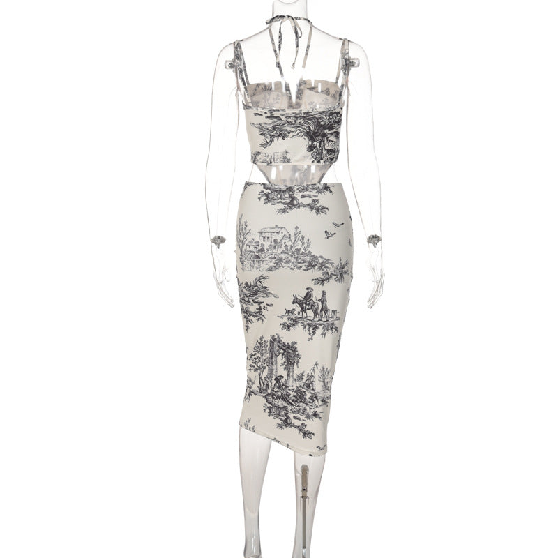 Conjunto de falda midi de tirantes fruncida con estampado halter y lazo 