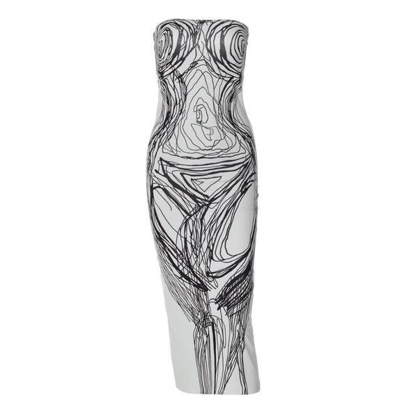Vestido midi de tubo sin espalda y con estampado en contraste 