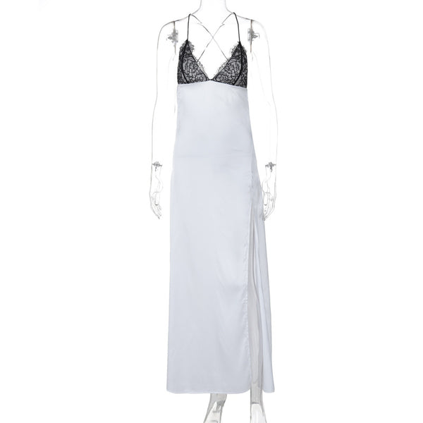Robe longue fendue à bretelles spaghetti et col en V à dos croisé 