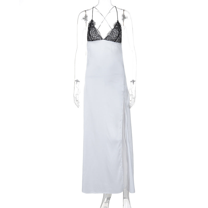 Robe longue fendue à bretelles spaghetti et col en V à dos croisé 