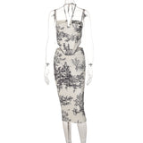 Conjunto de falda midi de tirantes fruncida con estampado halter y lazo 
