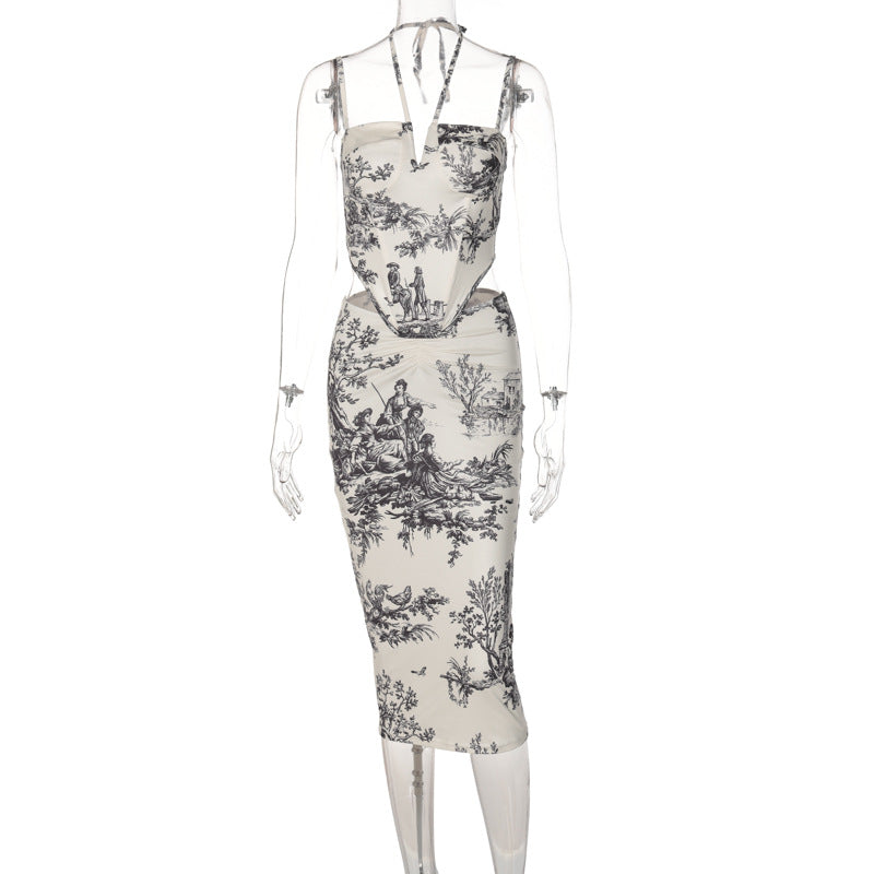 Conjunto de falda midi de tirantes fruncida con estampado halter y lazo 