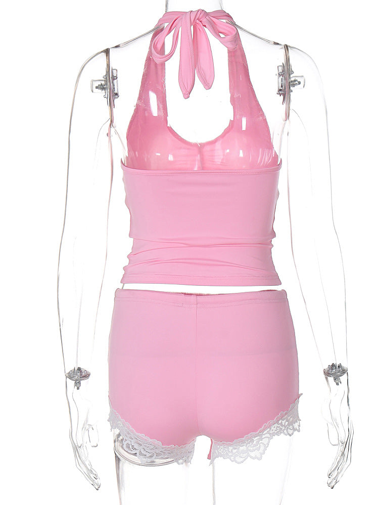 Conjunto de pantalón con cuello en U, dobladillo de encaje con lazo y fruncido 