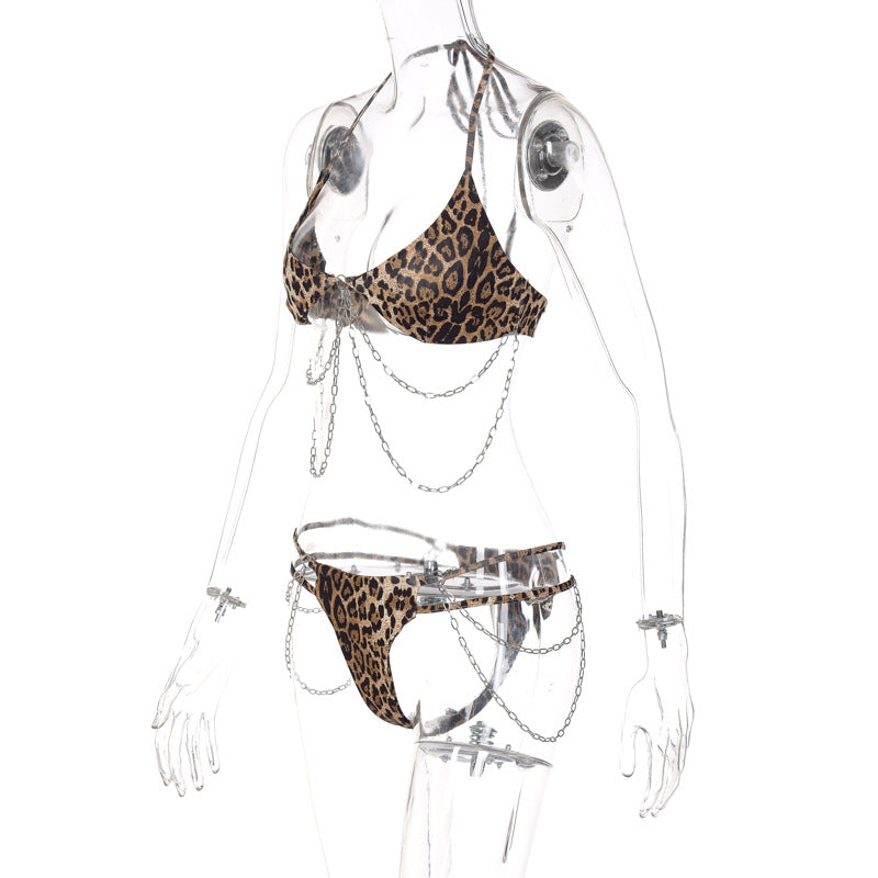 Ensemble pantalon à nouer soi-même, imprimé léopard, col en U, chaîne en métal 