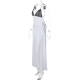 Robe longue fendue à bretelles spaghetti et col en V à dos croisé 