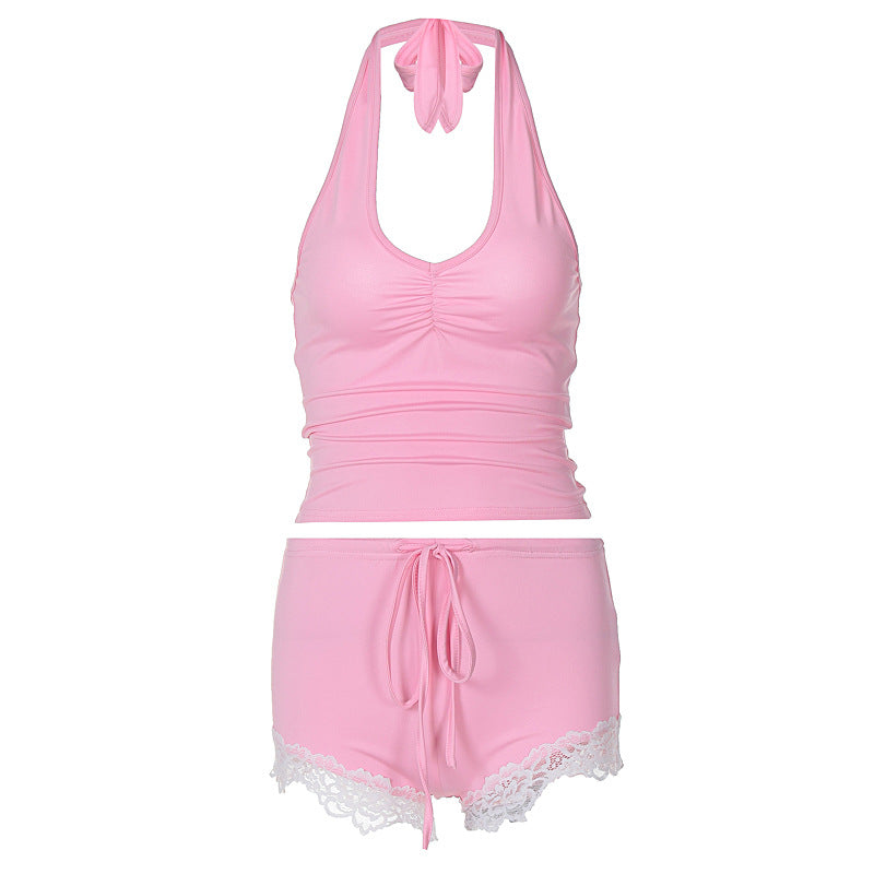 Conjunto de pantalón con cuello en U, dobladillo de encaje con lazo y fruncido 