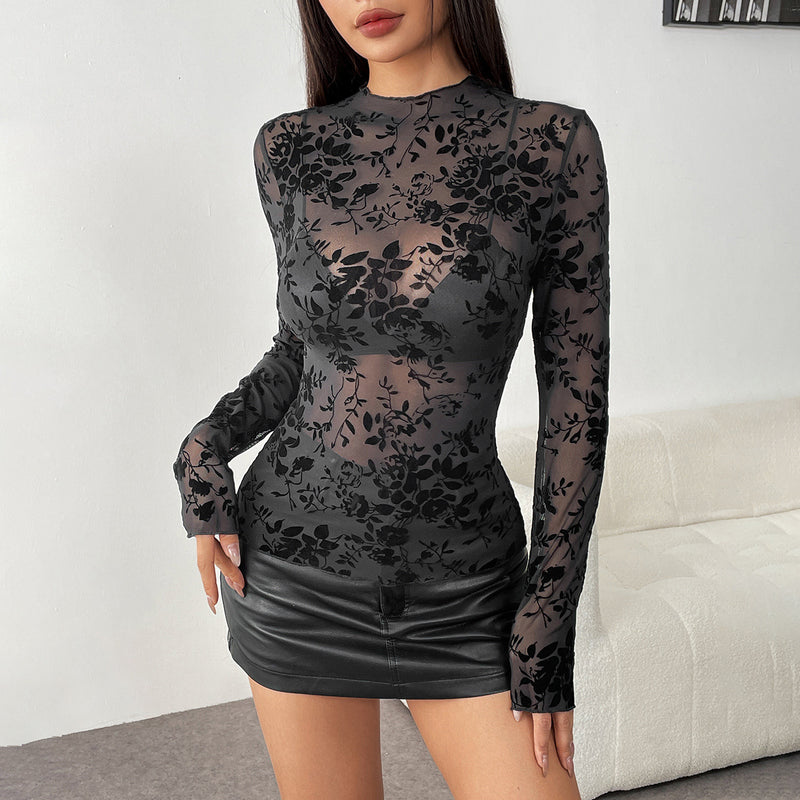 Crewneck long sleeve mesh flower print solid top