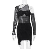 Long sleeve irregular hollow out mesh mini dress